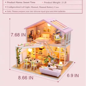DIY Miniature House Kit, Tiny House Kit with Furniture & LED, DIY Wooden Dollhouse Miniature Kit for Adults Teen, Wooden Crafts Lovely Dollhouse Kit, Home Decor - Sweet Time