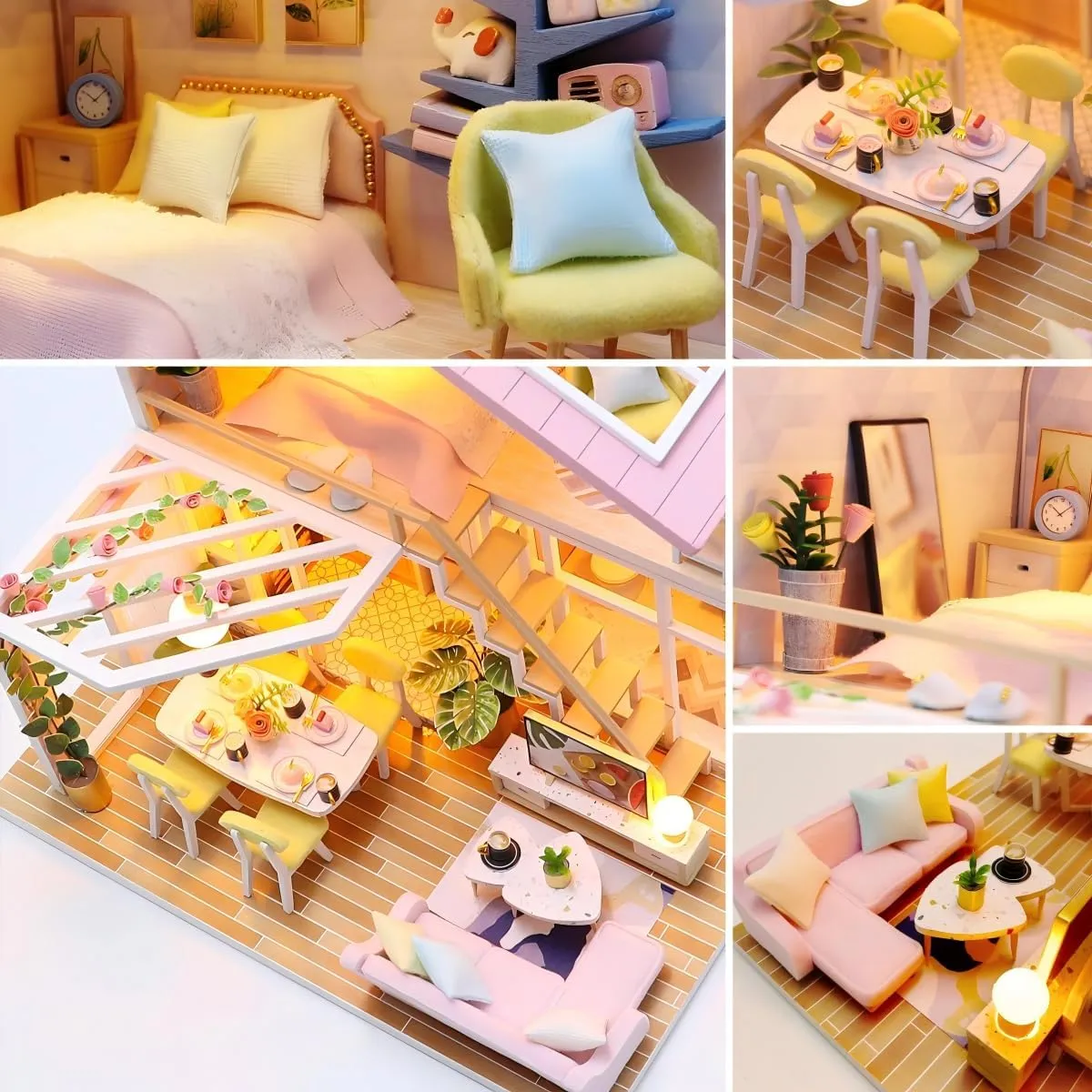 DIY Miniature House Kit, Tiny House Kit with Furniture & LED, DIY Wooden Dollhouse Miniature Kit for Adults Teen, Wooden Crafts Lovely Dollhouse Kit, Home Decor - Sweet Time