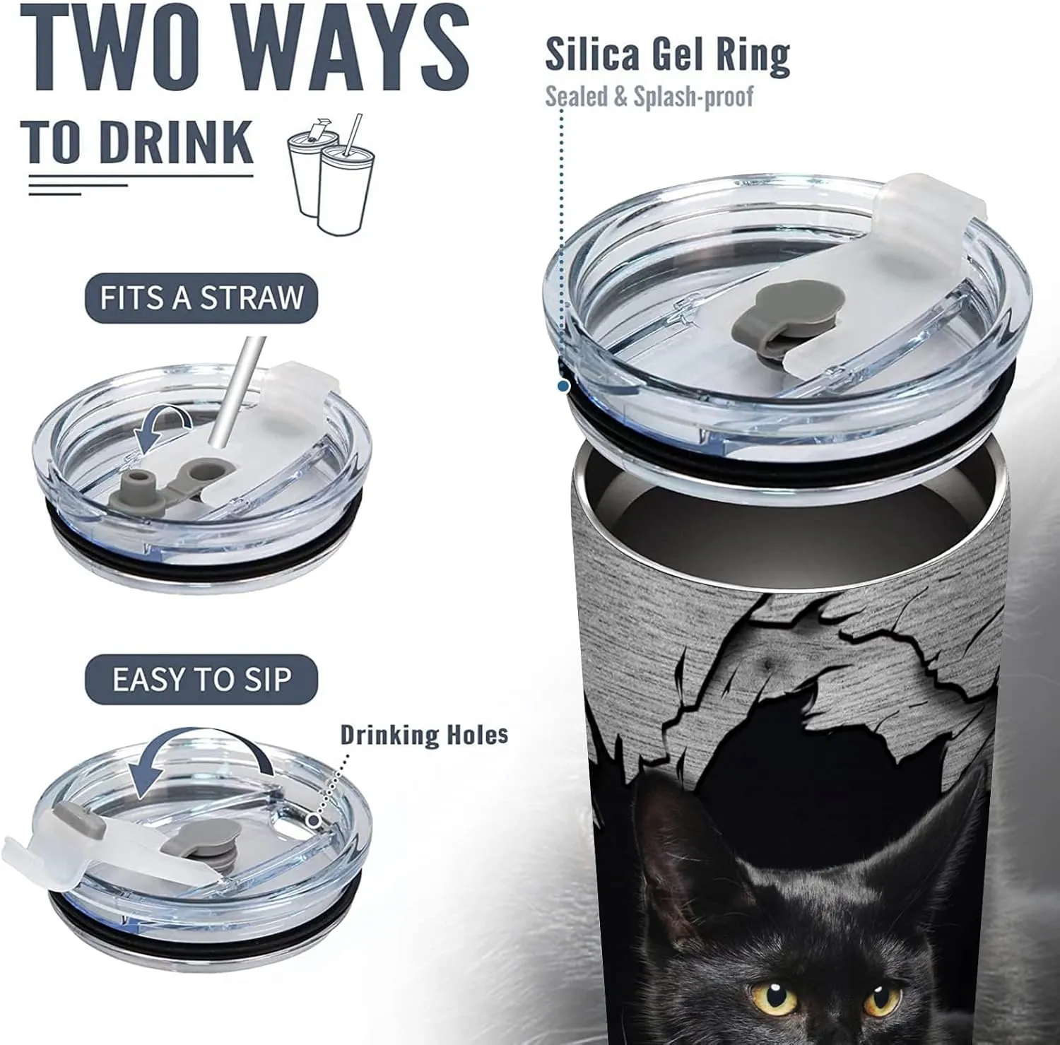 DJY Black Cat Tumbler with Lid Vaccum Stainless Steel Insulated Tumbler 3D Cat Coffee Cup Travel Mug, Gift for Cat Mom, Women, Daughter, Water Bottle for Home Office Outdoors