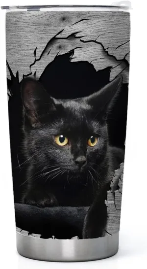 DJY Black Cat Tumbler with Lid Vaccum Stainless Steel Insulated Tumbler 3D Cat Coffee Cup Travel Mug, Gift for Cat Mom, Women, Daughter, Water Bottle for Home Office Outdoors