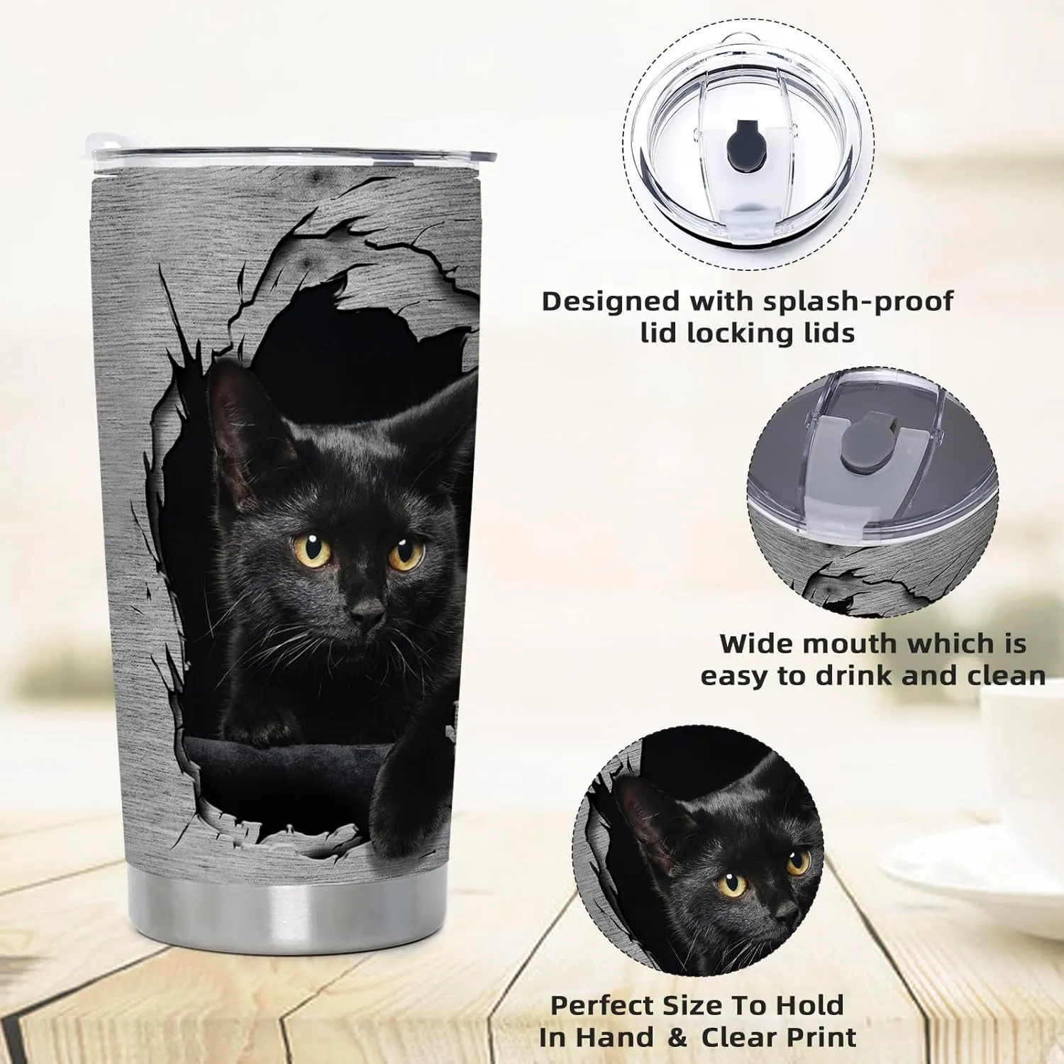 DJY Black Cat Tumbler with Lid Vaccum Stainless Steel Insulated Tumbler 3D Cat Coffee Cup Travel Mug, Gift for Cat Mom, Women, Daughter, Water Bottle for Home Office Outdoors