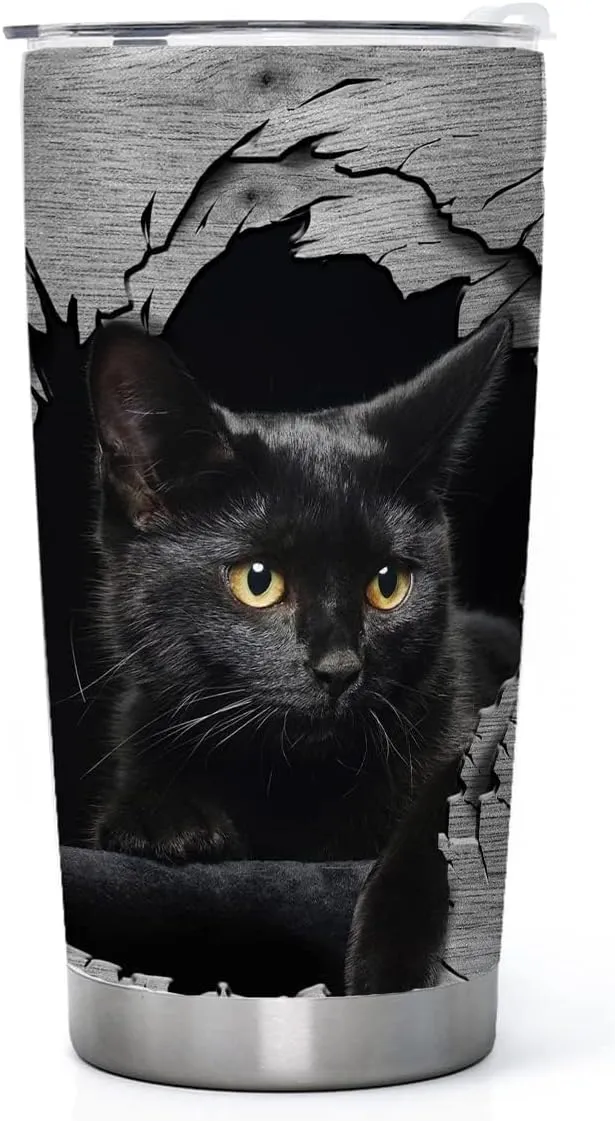 DJY Black Cat Tumbler with Lid Vaccum Stainless Steel Insulated Tumbler 3D Cat Coffee Cup Travel Mug, Gift for Cat Mom, Women, Daughter, Water Bottle for Home Office Outdoors