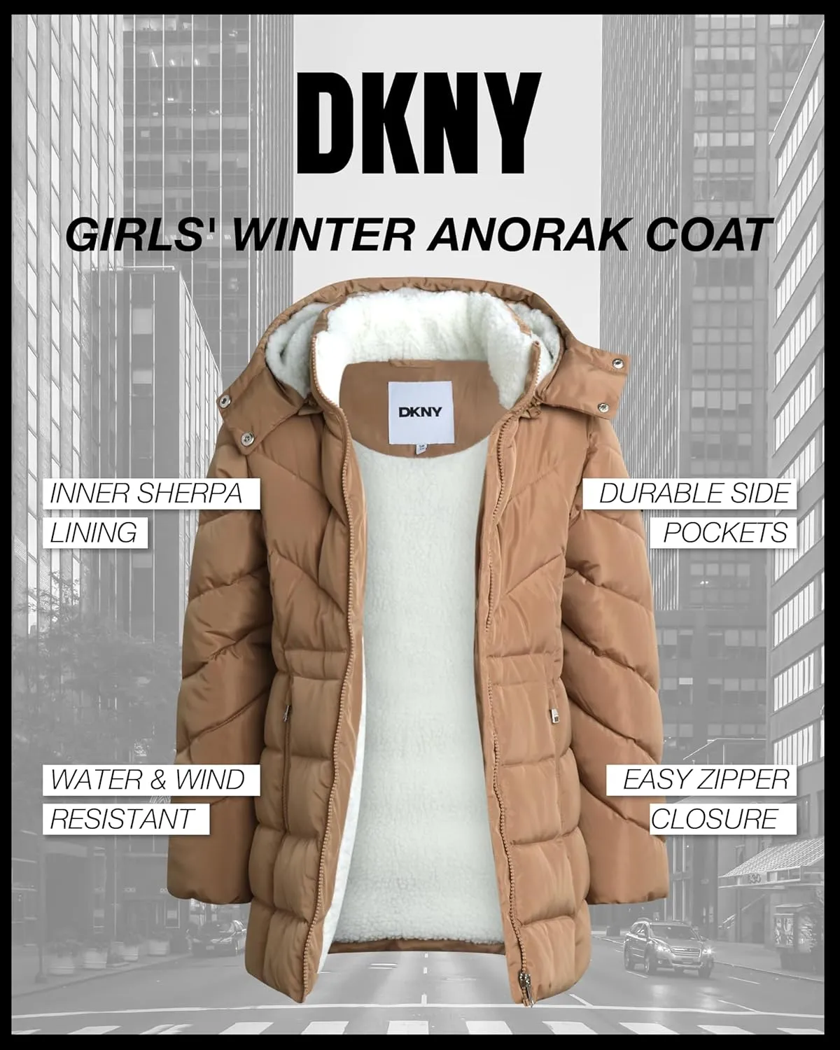 DKNY Girls’ Winter Coat – Heavyweight Anorak Puffer Coat with Cinched Waist – Sherpa Lined Insulated Jacket for Girls (4-16)