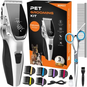 Dog Grooming Kit Low Noise，Cordless 4 in 1 Dog Clippers for Grooming Rechargeable Pet Cat Trimmer with 2 Speed,6 Guards,Scissors,Comb for Small Medium Large Pets Dogs Cats Thick Hair Cutting(DkSliver)