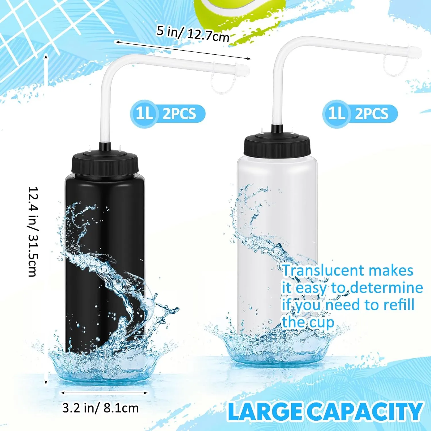 Domensi 4 Pack 1 Liter Sports Water Bottle W/long Straw Hockey Lacrosse Water Bottle with Straw Bpa Free Squeeze Plastic Use Sport Helmet in Football Baseball Gym(Black/translucent,Classic)
