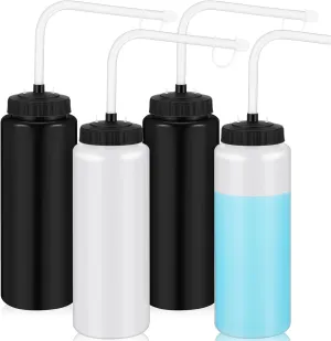 Domensi 4 Pack 1 Liter Sports Water Bottle W/long Straw Hockey Lacrosse Water Bottle with Straw Bpa Free Squeeze Plastic Use Sport Helmet in Football Baseball Gym(Black/translucent,Classic)