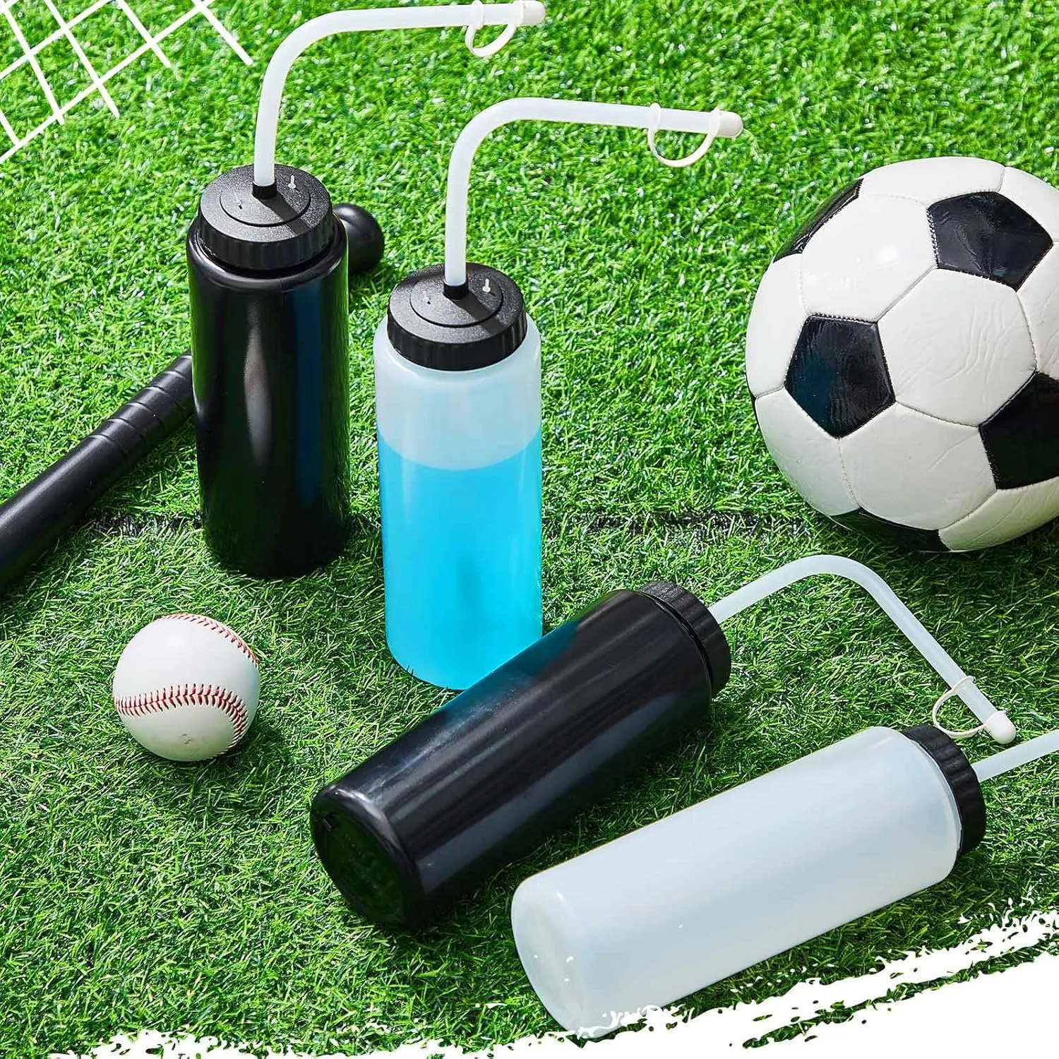 Domensi 4 Pack 1 Liter Sports Water Bottle W/long Straw Hockey Lacrosse Water Bottle with Straw Bpa Free Squeeze Plastic Use Sport Helmet in Football Baseball Gym(Black/translucent,Classic)