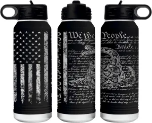 Don't Tread on Me 32 Ounce American Flag Double Walled Stainless Steel Insulated 32oz Water Bottle – Full 360 Degree Engraving – Engraved in USA Gadsden