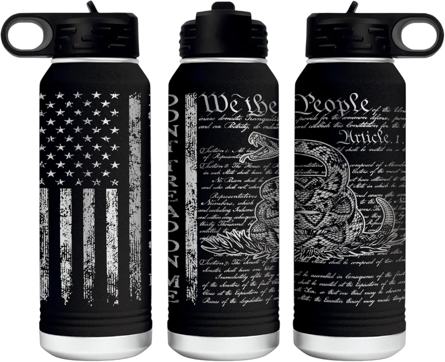 Don't Tread on Me 32 Ounce American Flag Double Walled Stainless Steel Insulated 32oz Water Bottle – Full 360 Degree Engraving – Engraved in USA Gadsden