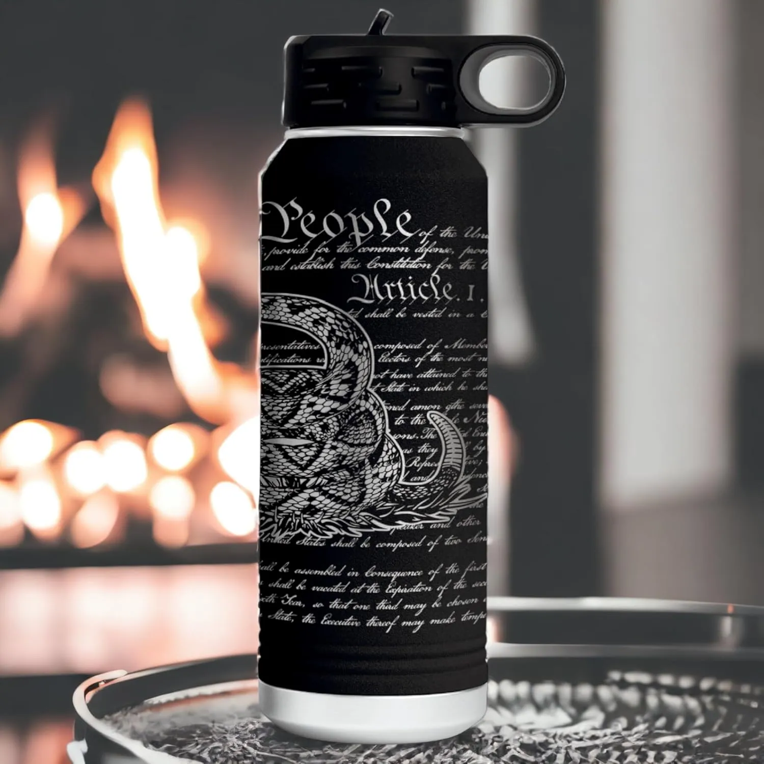 Don't Tread on Me 32 Ounce American Flag Double Walled Stainless Steel Insulated 32oz Water Bottle – Full 360 Degree Engraving – Engraved in USA Gadsden