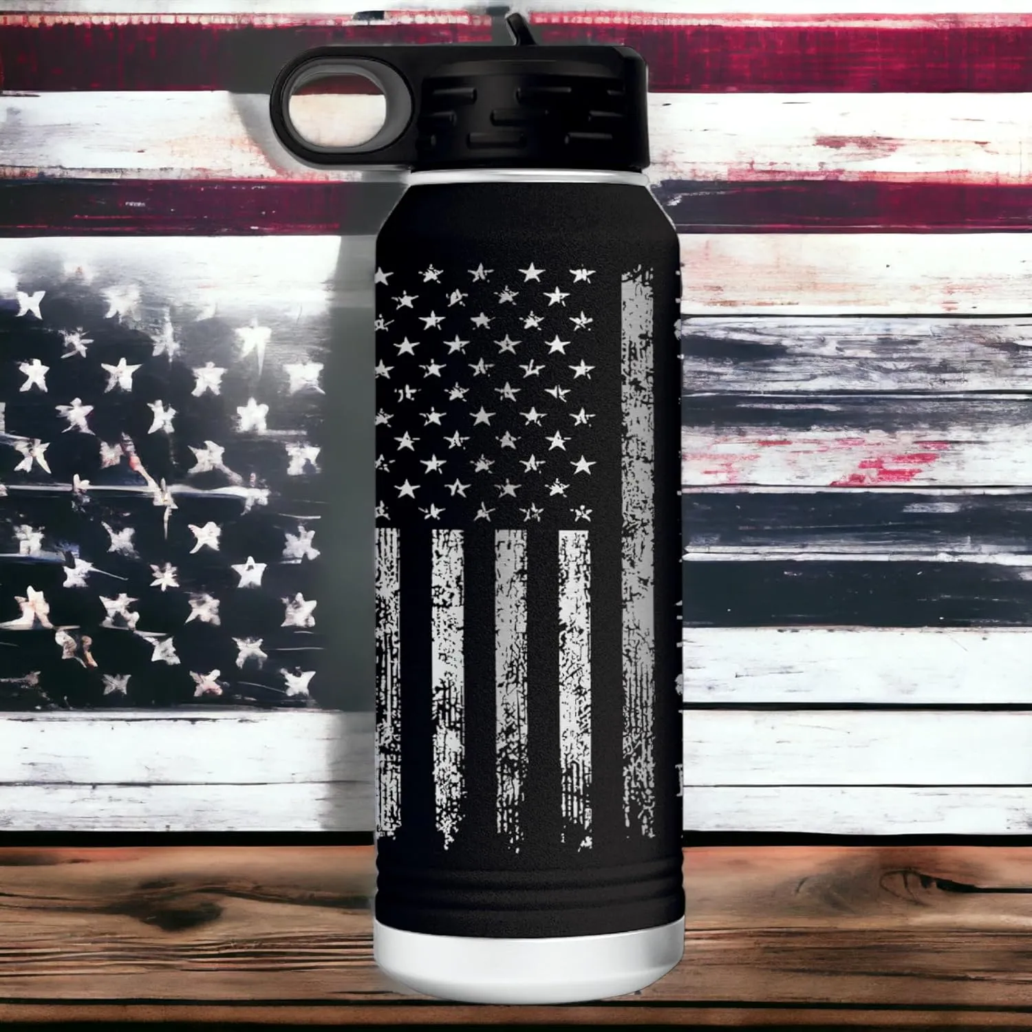 Don't Tread on Me 32 Ounce American Flag Double Walled Stainless Steel Insulated 32oz Water Bottle – Full 360 Degree Engraving – Engraved in USA Gadsden