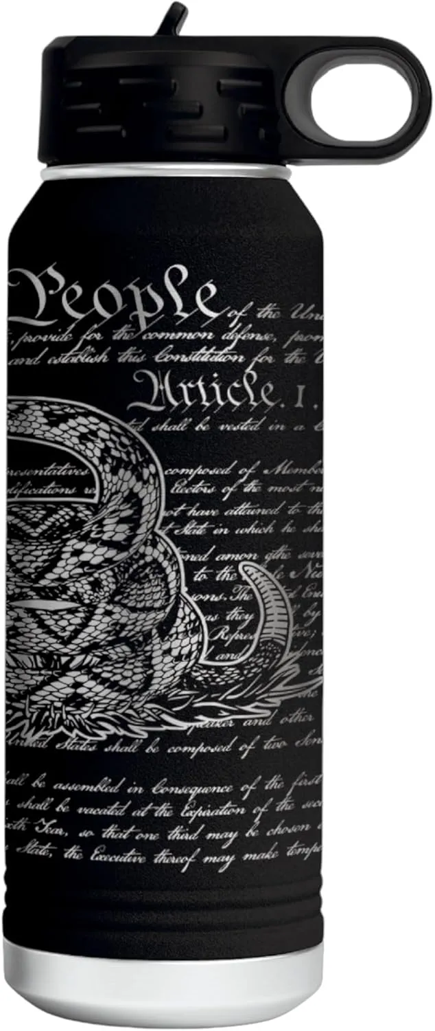 Don't Tread on Me 32 Ounce American Flag Double Walled Stainless Steel Insulated 32oz Water Bottle – Full 360 Degree Engraving – Engraved in USA Gadsden