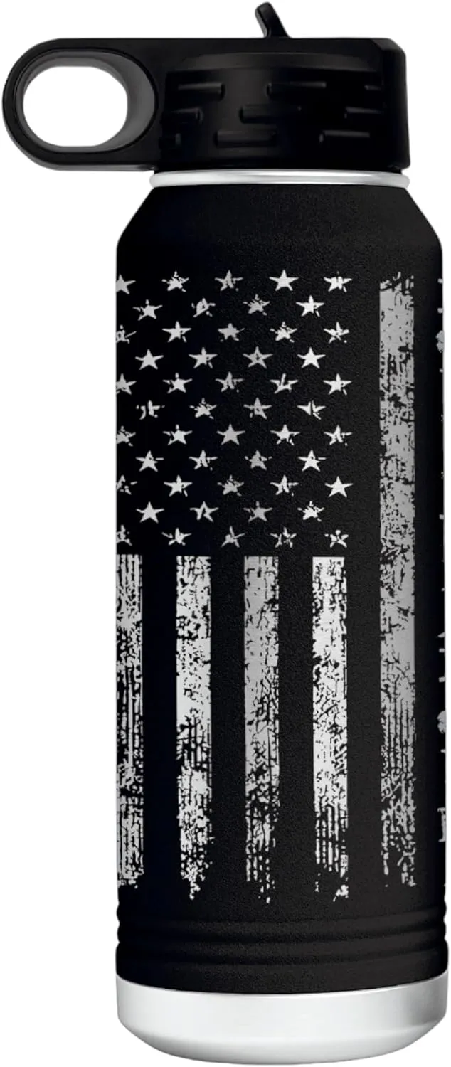 Don't Tread on Me 32 Ounce American Flag Double Walled Stainless Steel Insulated 32oz Water Bottle – Full 360 Degree Engraving – Engraved in USA Gadsden