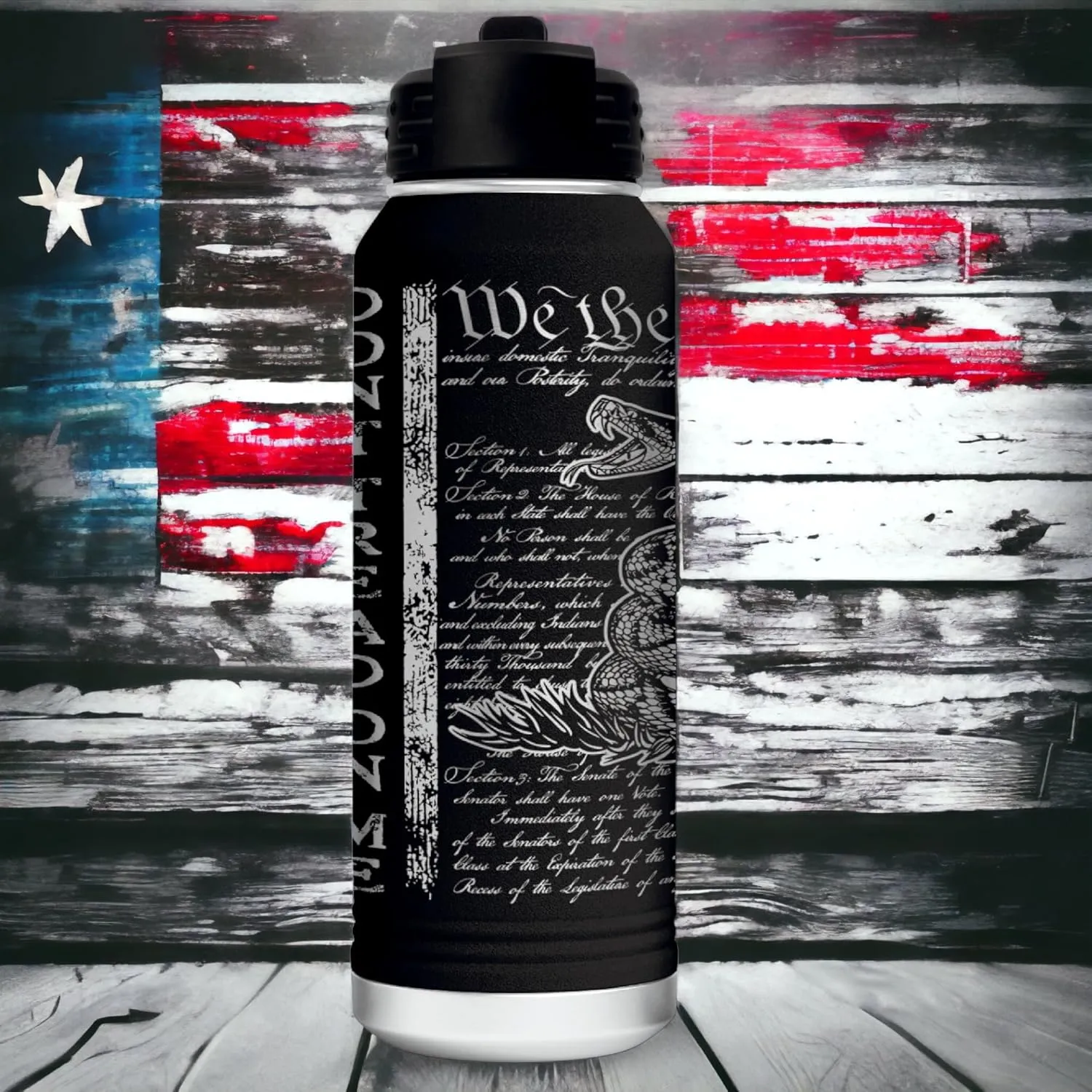 Don't Tread on Me 32 Ounce American Flag Double Walled Stainless Steel Insulated 32oz Water Bottle – Full 360 Degree Engraving – Engraved in USA Gadsden
