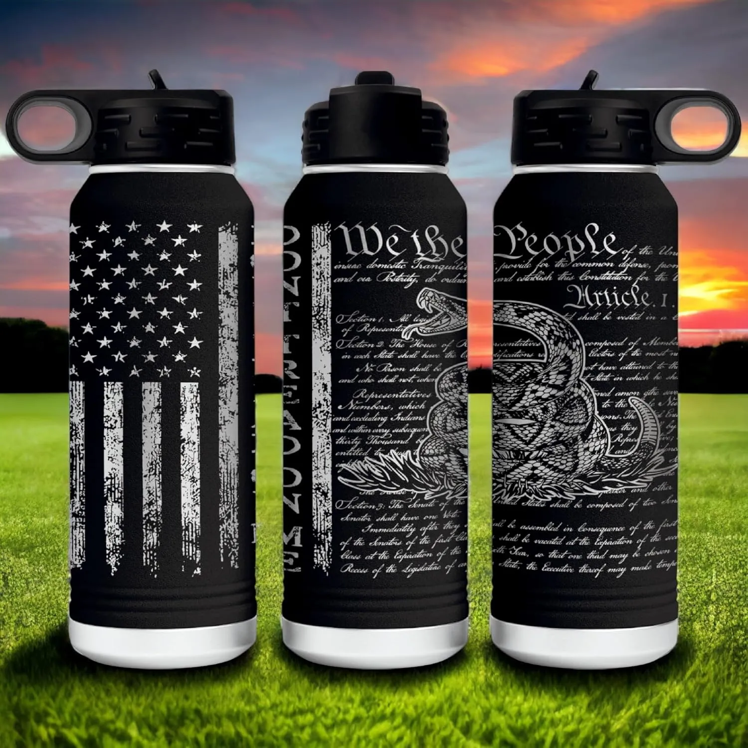 Don't Tread on Me 32 Ounce American Flag Double Walled Stainless Steel Insulated 32oz Water Bottle – Full 360 Degree Engraving – Engraved in USA Gadsden