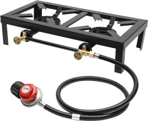 Double Burner Portable Outdoor Gas Stove, Portable Propane Stove with Independent Control Knobs & Pressure Regulating Valve, 0-10psi Lpg Bbq Cooker for Turkey Fry, Patio Camping