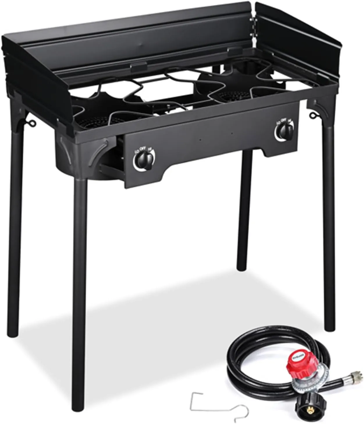 Double Burner Stove 150,000 BTU/hr, Heavy Duty Outdoor Dual Propane with Windscreen and Detachable Legs Stand for Camping Cookout