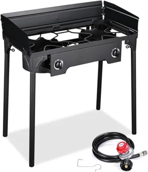 Double Burner Stove 150,000 BTU/hr, Heavy Duty Outdoor Dual Propane with Windscreen and Detachable Legs Stand for Camping Cookout