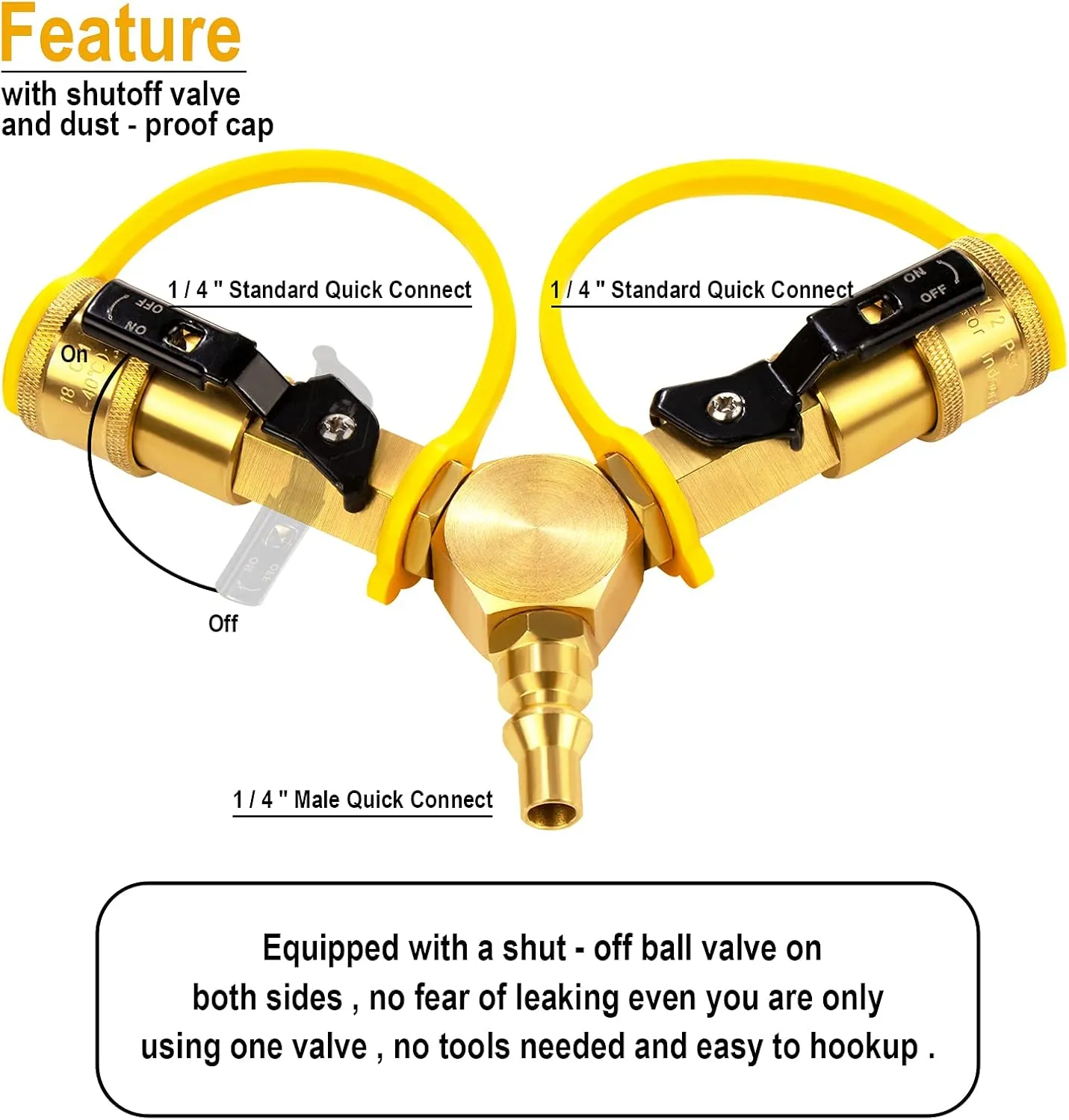 DOZYANT 1/4" RV Propane Quick Connect Y Splitter Adapter with Shutoff Valve for RV Trailer and Quick Connect Propane Hose Connect to Motorhome Tabletop Grill, 2 Way 1/4 inch Quick Disconnect Kit