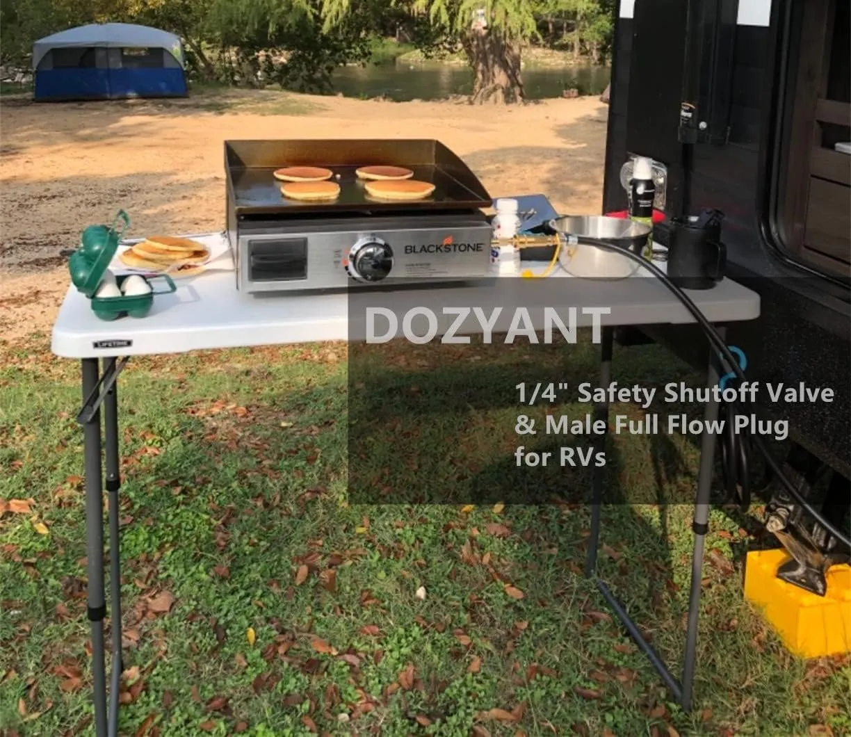 DOZYANT 24 feet Low Pressure Propane RV Quick Connect Extension Hose, 1/4" Safety Shutoff Valve & Male Full Flow Plug for RVs