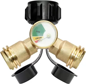 DOZYANT Propane Splitter, Propane Tank Y Splitter Adapter with Gauge, 2 Way LP Gas Adapter Tee Connector for 20lb Propane Tank Cylinder, Work with BBQ Grills, Camping Stoves, Gas Burners, Heater