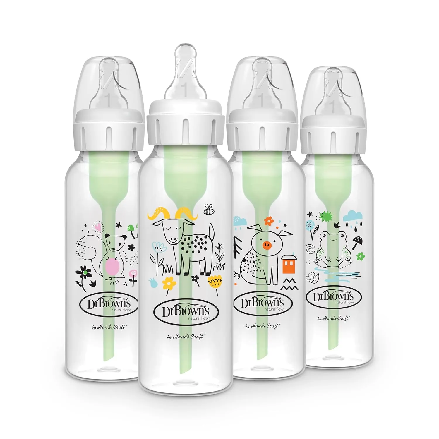 Dr. Brown's Natural Flow Anti-Colic Options  Narrow Baby Bottle, 8 oz/250 mL, with Level 1 Slow Flow Nipple, BPA free, 0m , Squirrel, Goat, Pig, Frog, 4-Pack
