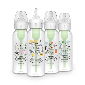 Dr. Brown's Natural Flow Anti-Colic Options  Narrow Baby Bottle, 8 oz/250 mL, with Level 1 Slow Flow Nipple, BPA free, 0m , Squirrel, Goat, Pig, Frog, 4-Pack