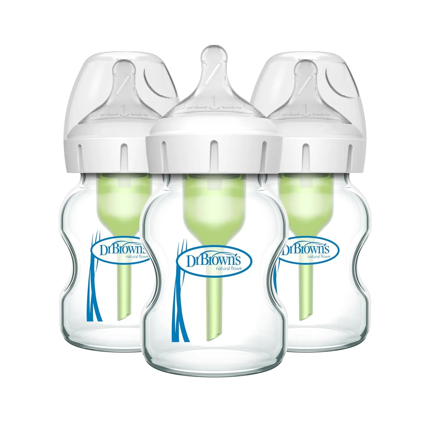 Dr. Brown's Natural Flow Anti-Colic Options  Wide-Neck Glass Baby Bottles 5 oz/150 mL, with Level 1 Slow Flow Nipple, 3 Pack, 0m 