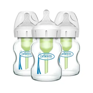 Dr. Brown's Natural Flow Anti-Colic Options  Wide-Neck Glass Baby Bottles 5 oz/150 mL, with Level 1 Slow Flow Nipple, 3 Pack, 0m 