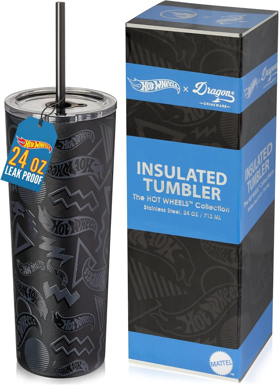 Dragon Glassware x Hot Wheels Insulated Tumbler with Lid and Straw - 24 oz Tumbler Cup with 2 Straws - Stainless Steel Tumbler with Straw for Water, Iced Tea - Travel Coffee Tumbler - Finish Line