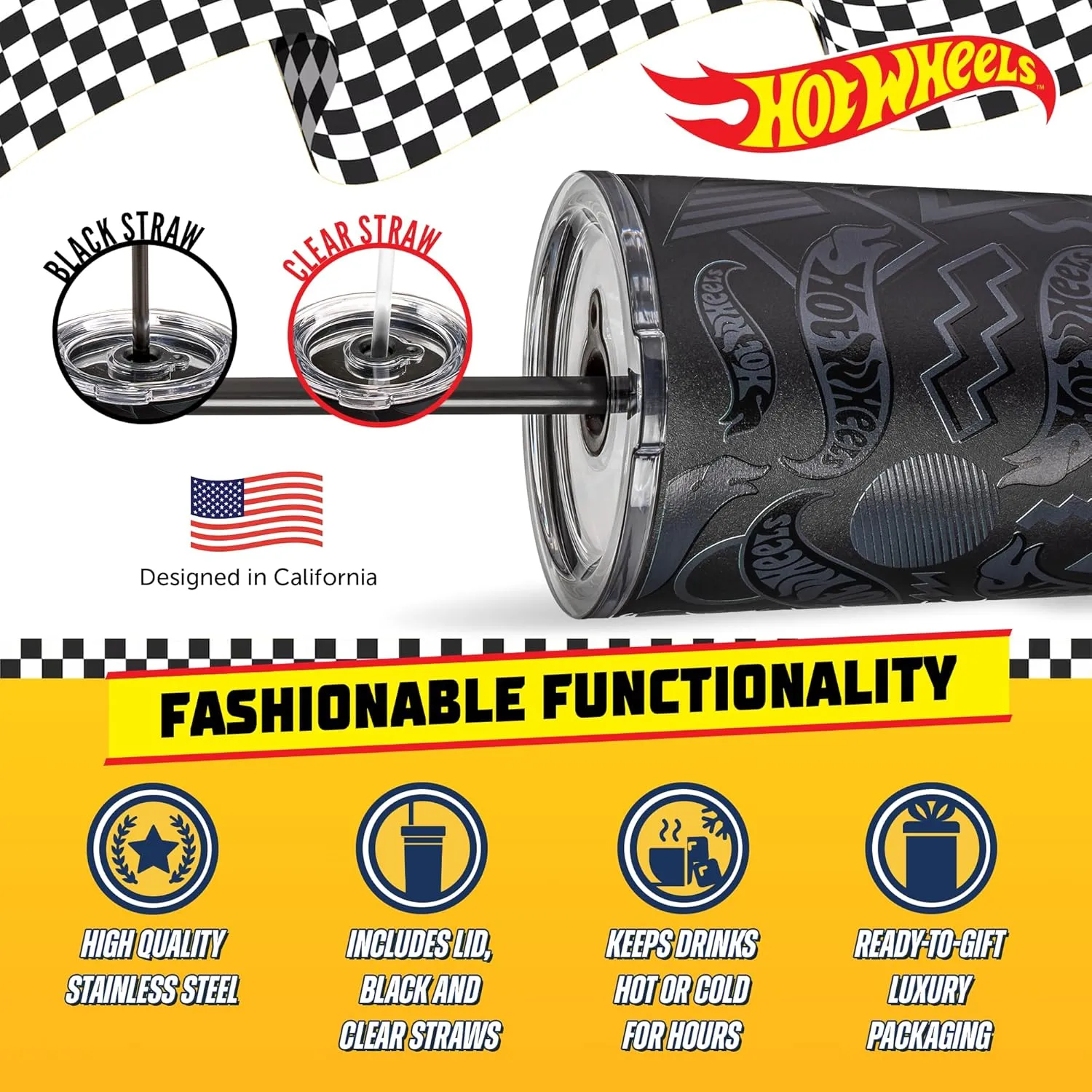 Dragon Glassware x Hot Wheels Insulated Tumbler with Lid and Straw - 24 oz Tumbler Cup with 2 Straws - Stainless Steel Tumbler with Straw for Water, Iced Tea - Travel Coffee Tumbler - Finish Line