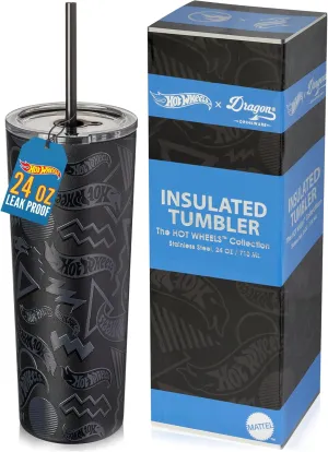 Dragon Glassware x Hot Wheels Insulated Tumbler with Lid and Straw - 24 oz Tumbler Cup with 2 Straws - Stainless Steel Tumbler with Straw for Water, Iced Tea - Travel Coffee Tumbler - Finish Line