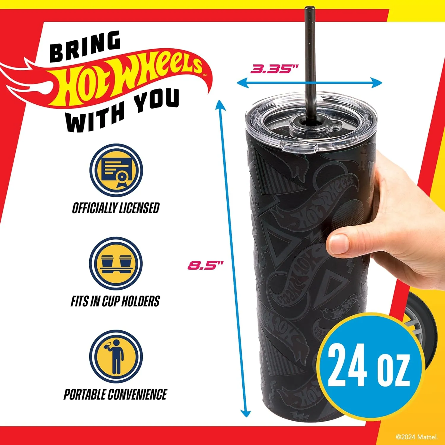 Dragon Glassware x Hot Wheels Insulated Tumbler with Lid and Straw - 24 oz Tumbler Cup with 2 Straws - Stainless Steel Tumbler with Straw for Water, Iced Tea - Travel Coffee Tumbler - Finish Line