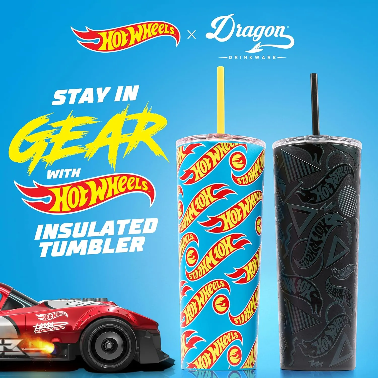 Dragon Glassware x Hot Wheels Insulated Tumbler with Lid and Straw - 24 oz Tumbler Cup with 2 Straws - Stainless Steel Tumbler with Straw for Water, Iced Tea - Travel Coffee Tumbler - Finish Line