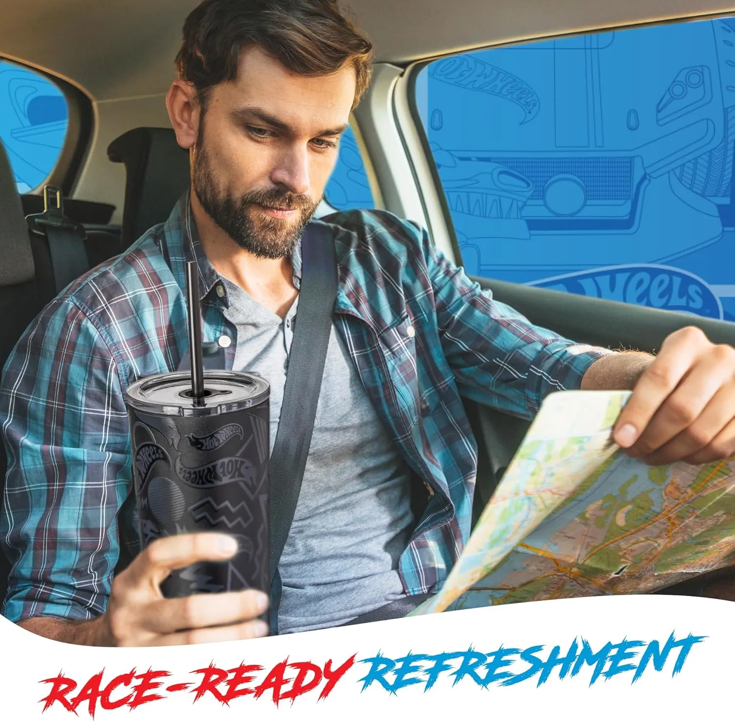Dragon Glassware x Hot Wheels Insulated Tumbler with Lid and Straw - 24 oz Tumbler Cup with 2 Straws - Stainless Steel Tumbler with Straw for Water, Iced Tea - Travel Coffee Tumbler - Finish Line
