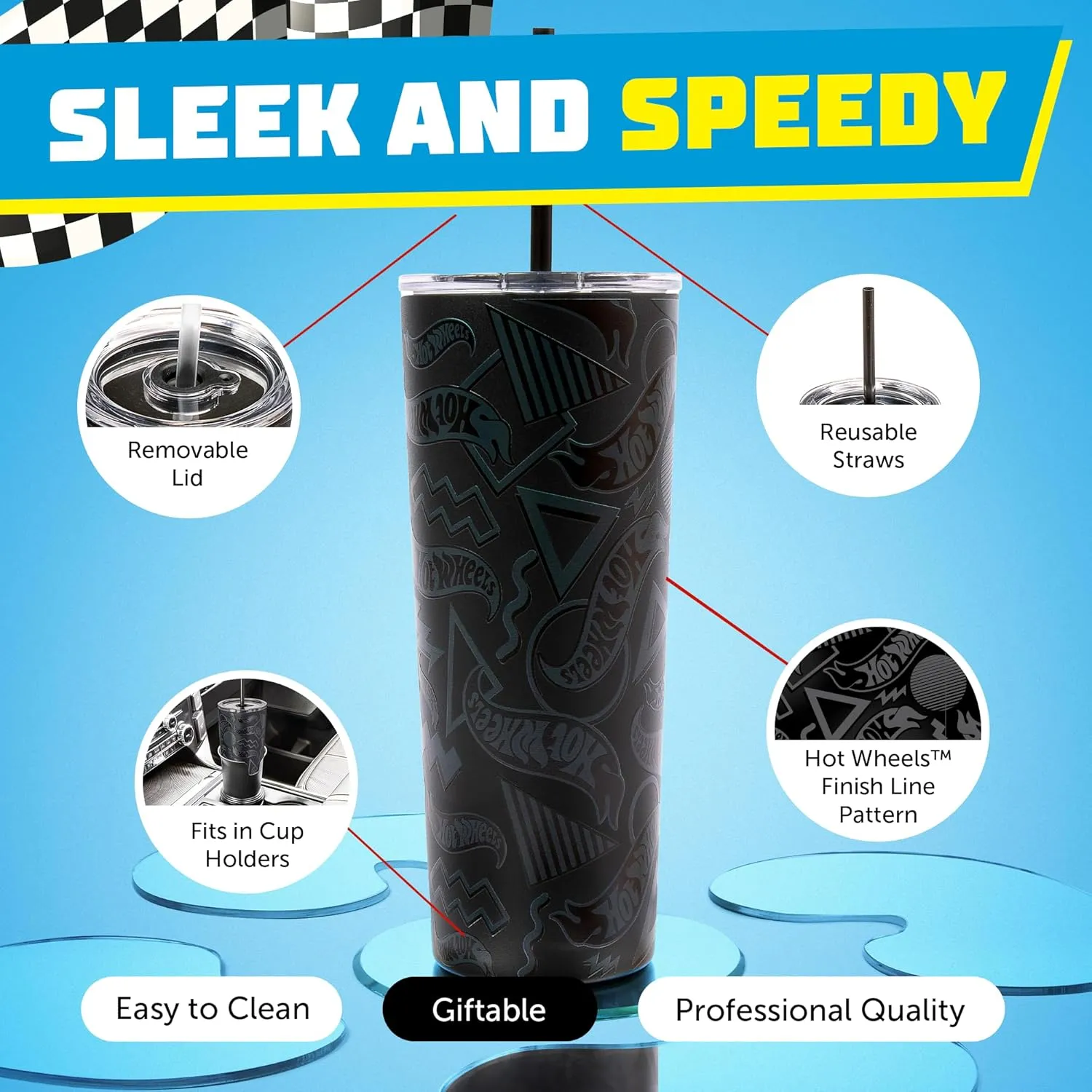 Dragon Glassware x Hot Wheels Insulated Tumbler with Lid and Straw - 24 oz Tumbler Cup with 2 Straws - Stainless Steel Tumbler with Straw for Water, Iced Tea - Travel Coffee Tumbler - Finish Line