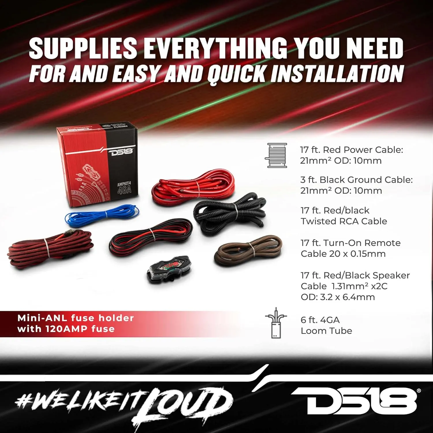 DS18 AMPKIT4 4 Gauge Amp Installation Wiring Kit - Amplifier Installation Kit 4 GA - A Car Amplifier Wiring Kit Simplifies Wire Connections and Delivers Power to Your Radio, Subwoofers, and Speakers