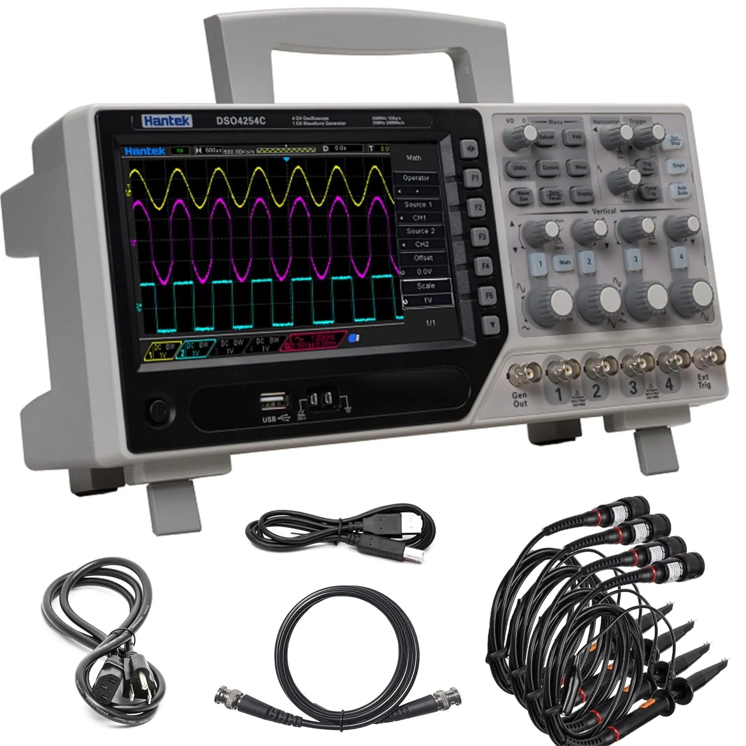 DSO4254C Hantek Desktop Oscilloscope 250MHz Bandwidth 4 Channels Oscillograph with 1CH 25MHz Arbitrary Waveform Generator(4CH Oscilloscope EXT AFG DVM Auto Range Function) 7” 64K TFT LCD Display