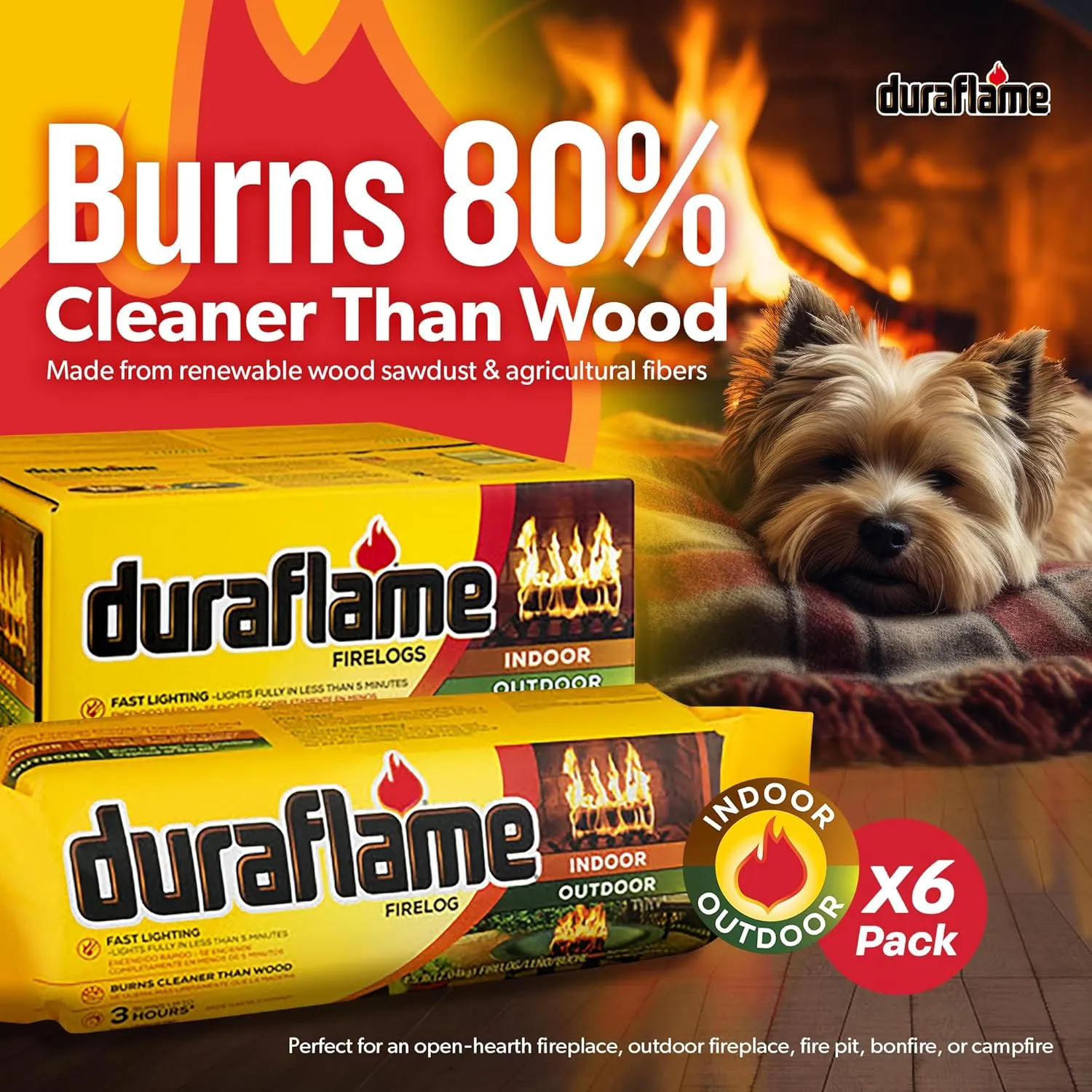 Duraflame 6-Pack Fire Logs for Indoor and Outdoor Use, 3-Hour Burn, 4.5 Lb Each - Firewood Starters and Accessories for BBQ, Camping, Stove, Pit and Chimney