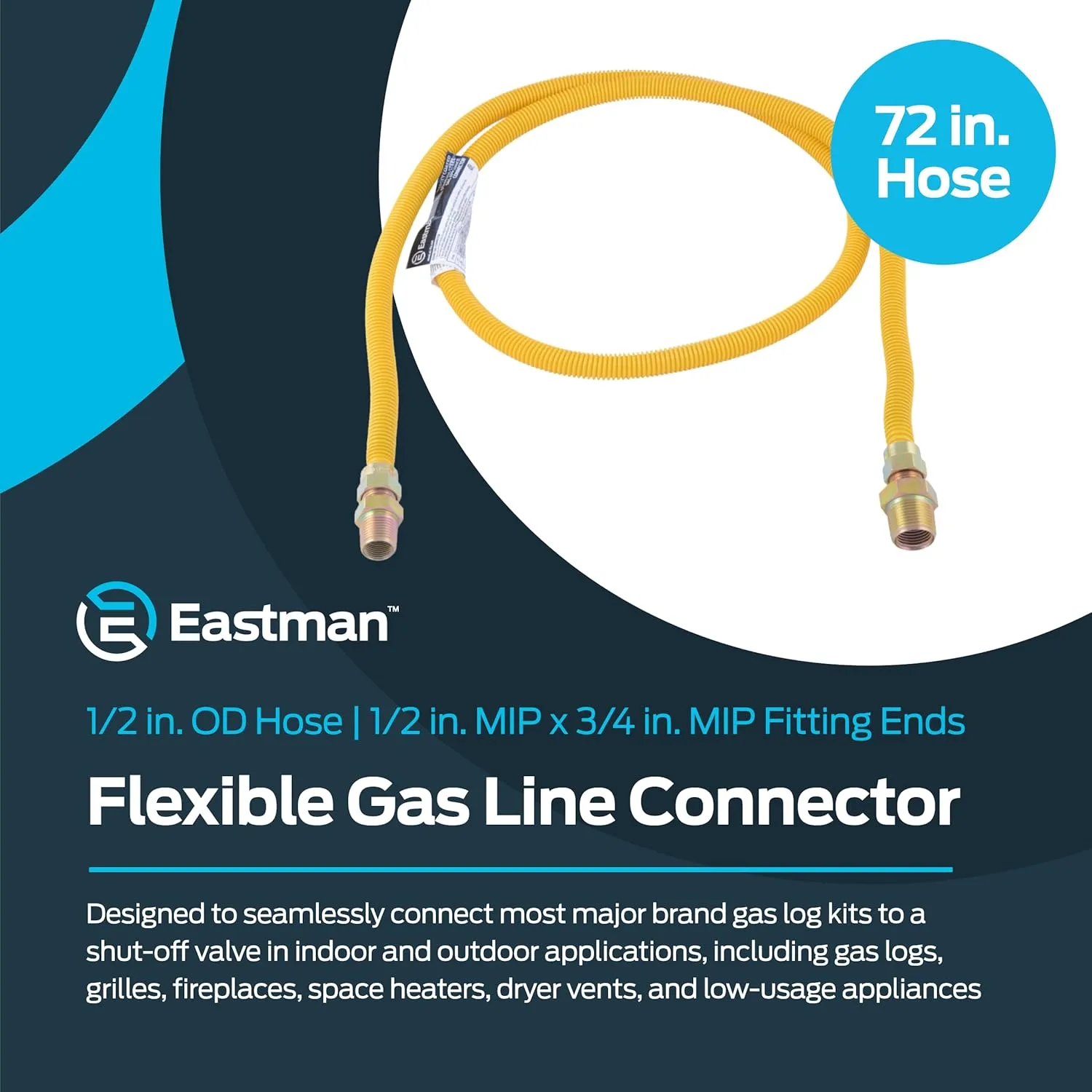 Eastman 72 Inch x 1/2 Inch OD Gas Line Connector with 3/4 Inch x 1/2 Inch MIP Fitting Ends for Natural Gas and Liquid Propane, Stainless Steel, Yellow, 20YE545072B