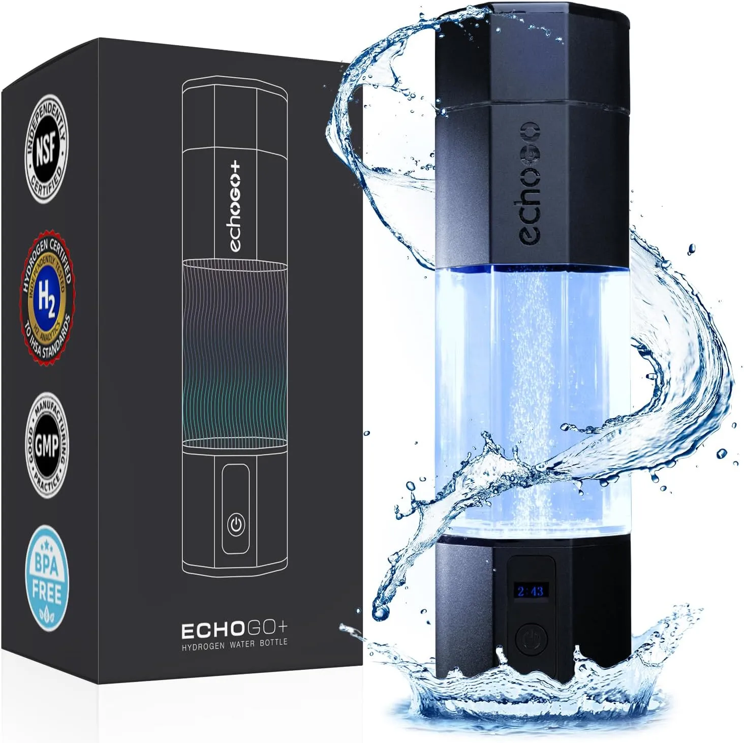 Echo Go  Hydrogen Water Bottle - Molecular Hydrogen Up to 4.5PPM - SPE & PEM Hydrogen Water Generator - Alternative to Hydrogen Water Pitcher