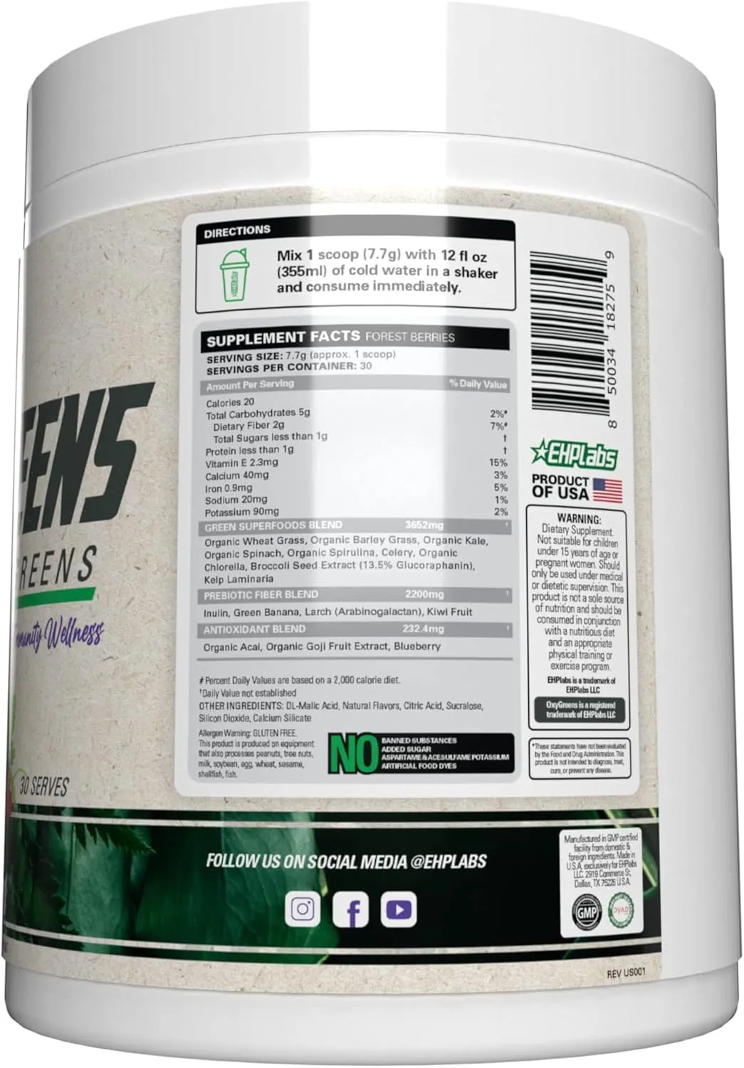 EHP Labs OxyGreens Super Greens Powder – Daily Greens & Superfood Supplement with Spirulina, Chlorella, Prebiotics, Digestive Enzymes, Antioxidants – 30 Servings (Forest Berries)
