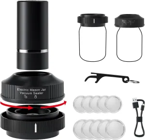 Electric Mason Jar Vacuum Sealer Kit - Wireless Kitchen Vacuum Sealer for Mason Jars, Food Preservation Vacuum Sealer with Wide & Regular Mouth Lids, Lid Opener, and USB Charging
