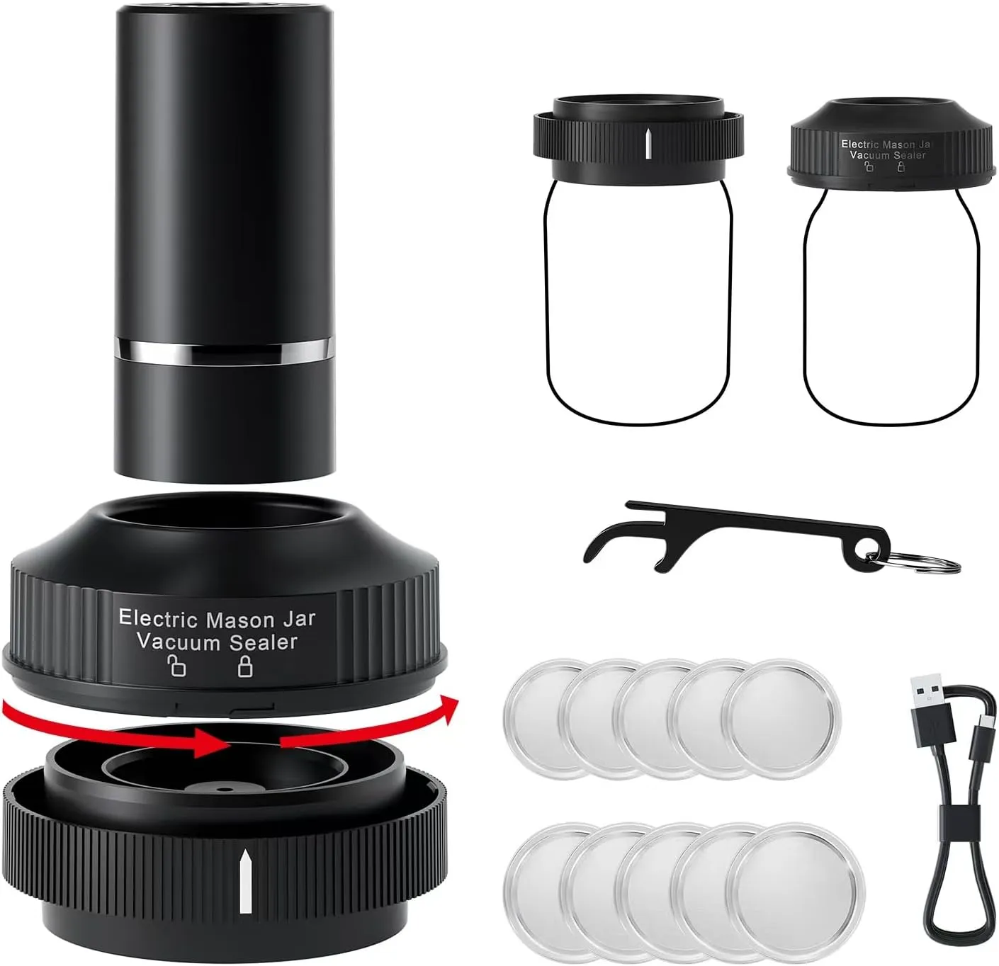 Electric Mason Jar Vacuum Sealer Kit - Wireless Kitchen Vacuum Sealer for Mason Jars, Food Preservation Vacuum Sealer with Wide & Regular Mouth Lids, Lid Opener, and USB Charging
