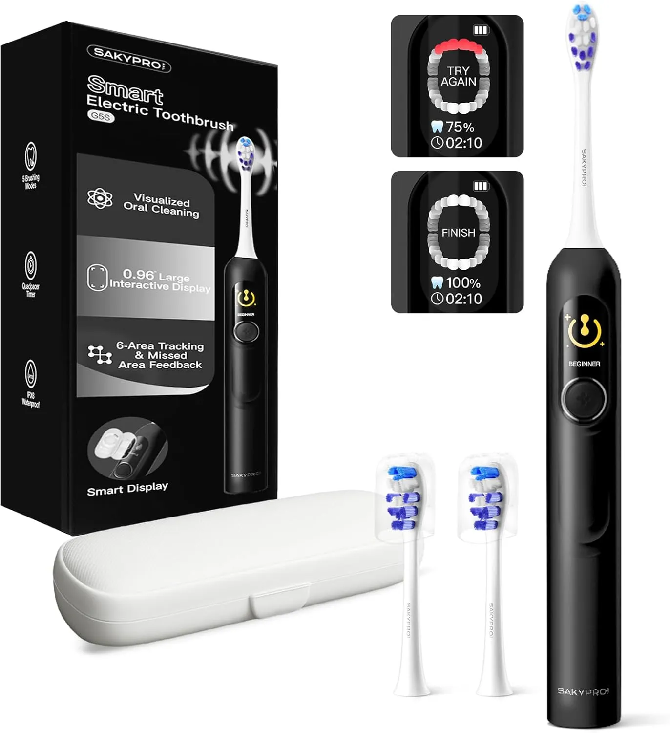 Electric Toothbrush with AI Smart Screen for Adults Kids | 150-Day Battery, Real-Time Brushing Map | Whitening Mode, 3-Min Timer, Travel Case | Family Sonic Electric Tooth Brush (G5S Black)