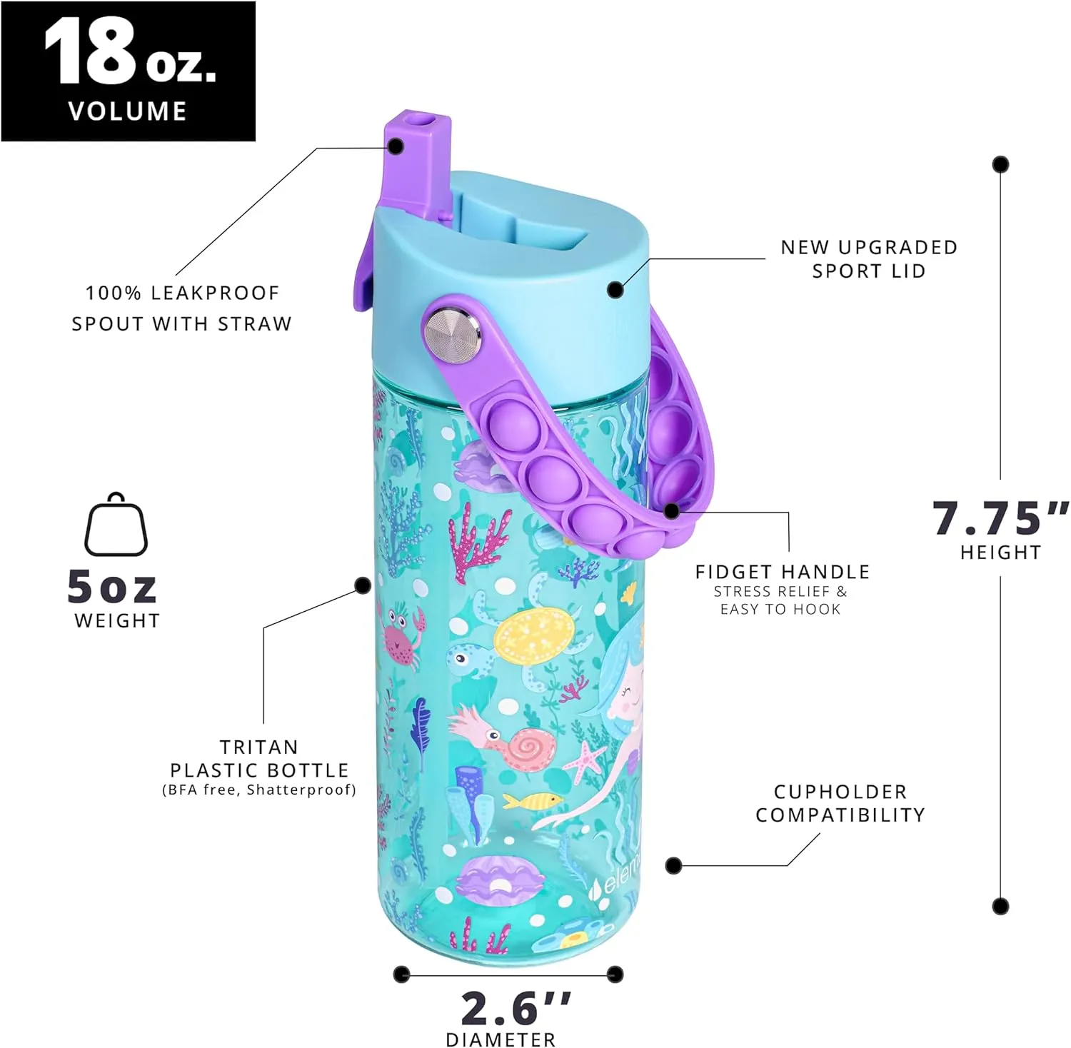 Elemental Water Bottles for Kids - Splash Kids Water Bottle for School with Pop-it Handle - BPA Free Tritan Plastic Water Bottle with Straw Leak Proof when Spout is Closed - Mermaid - 18oz