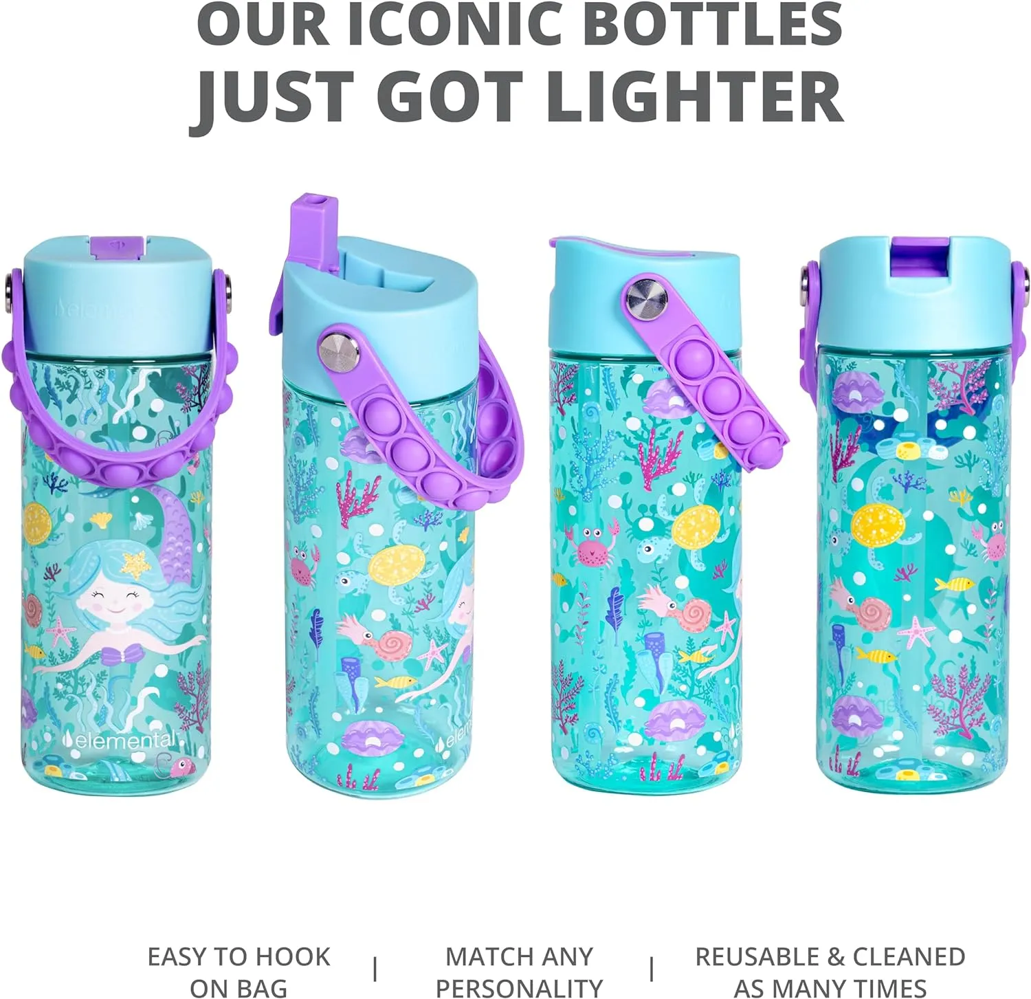 Elemental Water Bottles for Kids - Splash Kids Water Bottle for School with Pop-it Handle - BPA Free Tritan Plastic Water Bottle with Straw Leak Proof when Spout is Closed - Mermaid - 18oz