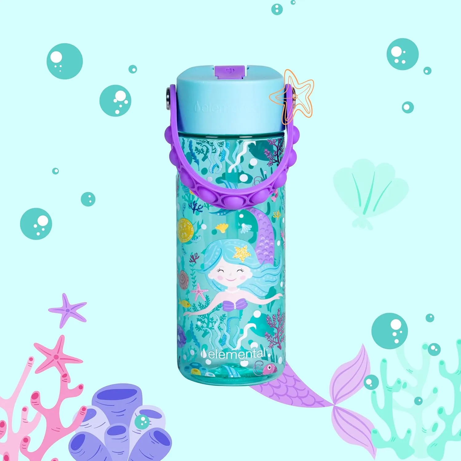 Elemental Water Bottles for Kids - Splash Kids Water Bottle for School with Pop-it Handle - BPA Free Tritan Plastic Water Bottle with Straw Leak Proof when Spout is Closed - Mermaid - 18oz