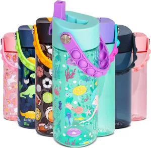Elemental Water Bottles for Kids - Splash Kids Water Bottle for School with Pop-it Handle - BPA Free Tritan Plastic Water Bottle with Straw Leak Proof when Spout is Closed - Mermaid - 18oz