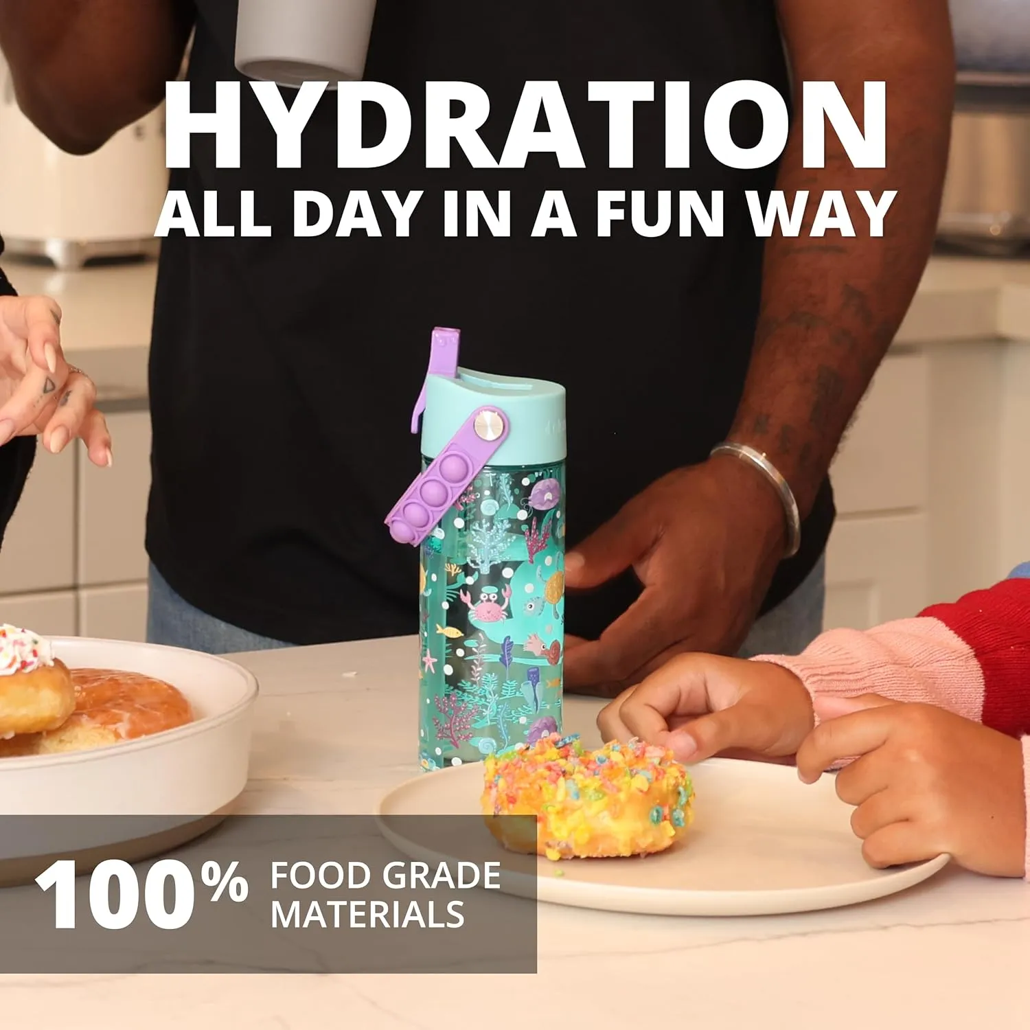 Elemental Water Bottles for Kids - Splash Kids Water Bottle for School with Pop-it Handle - BPA Free Tritan Plastic Water Bottle with Straw Leak Proof when Spout is Closed - Mermaid - 18oz